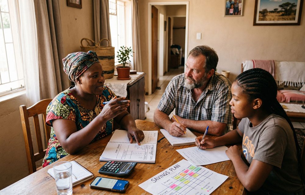 A man and two women sitting around a table in a farm house going over finances.